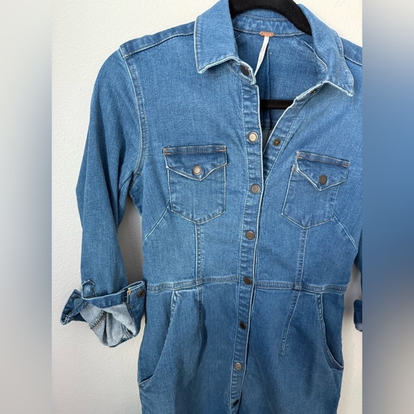 Free People Denim Dynomite Mini Dress Medium Wash Small - Picture 4 of 7